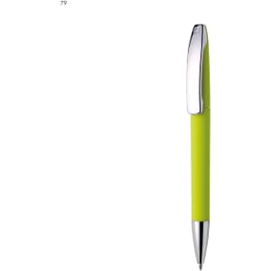 A metal pen with a bright green barrel and a chrome clip, featuring a sleek design and a branded logo.
