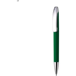 A green metal pen with a silver clip and tip, featuring a logo on the barrel.