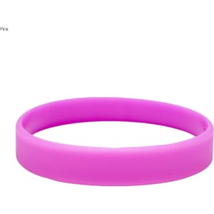A pink silicone wristband with a smooth surface and an embossed design, featuring a simple circular shape.