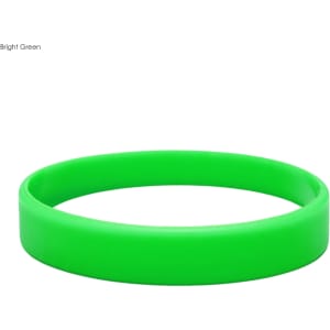A bright green silicone wristband with a smooth, embossed finish. It features a logo.