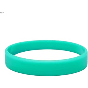 A teal silicone wristband with a smooth surface and a circular shape, featuring a subtle embossed design.