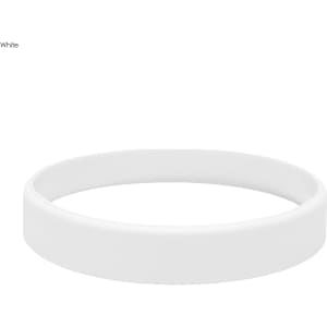 A white silicone wristband with an embossed design and a logo.