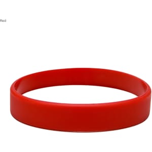 A red silicone wristband with a smooth texture and a logo. Ideal for events and exhibitions.