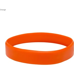 An orange silicone wristband with a smooth, embossed finish and a circular design.