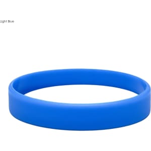 A light blue silicone wristband with a smooth, embossed surface and a simple design.