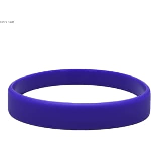 A dark blue silicone wristband with an embossed design, featuring a smooth texture and a round shape.