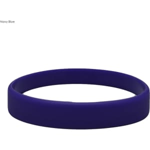 A navy blue silicone wristband with a smooth surface and a circular design. It features a logo.