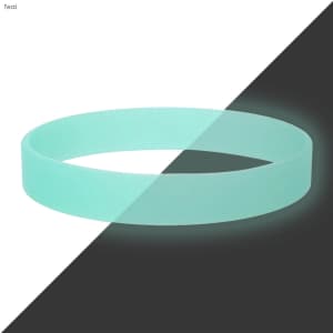 A teal silicone wristband with a smooth surface and a subtle glow effect. It features a logo.