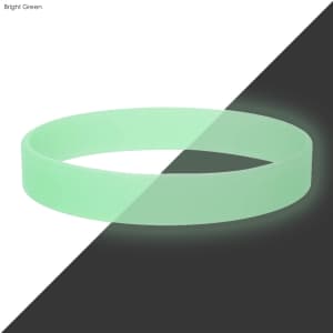 A bright green silicone wristband with a smooth surface, featuring a subtle glow effect. It has a simple design and includes a logo.