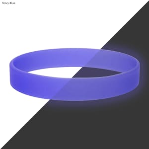 A navy blue silicone wristband with a glow effect, set against a contrasting black background.