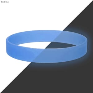 A dark blue silicone wristband with a smooth finish and a subtle glow effect.