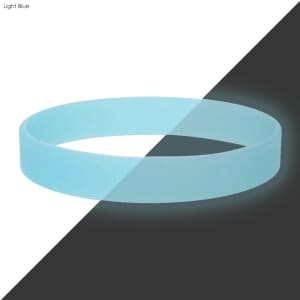 A light blue silicone wristband with a glowing effect, featuring a smooth surface and a logo.
