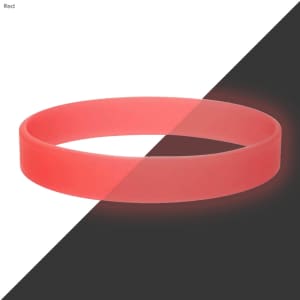 A red silicone wristband featuring a smooth design and a subtle glow effect. It includes a logo.
