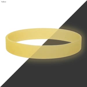 A yellow silicone wristband with a glossy finish, featuring a subtle glow effect. It has a logo visible.