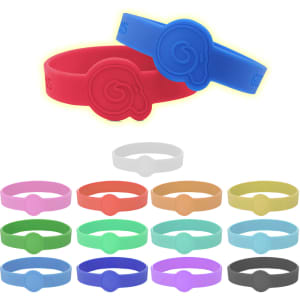Two neon glow silicone wristbands in red and blue, alongside a variety of other coloured bands, displayed on a white background.