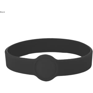 A black silicone wristband featuring a circular design element, suitable for custom branding.