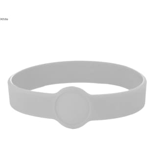 A white silicone wristband featuring a circular design element and a logo.