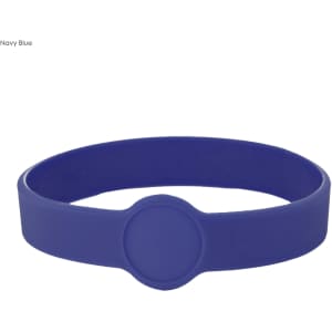 A navy blue silicone wristband with a circular design element and a smooth finish. Features a logo.