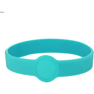 A teal silicone wristband with a circular centre design. Includes a logo.