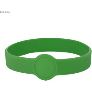 A dark green silicone wristband featuring a circular design element and a smooth finish.