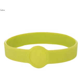 A yellow silicone wristband featuring a round section, designed for custom branding.