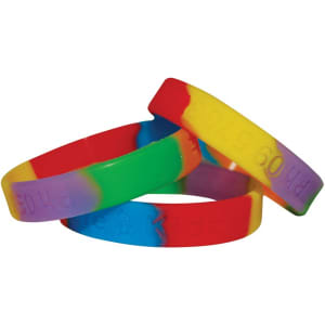 A set of multicoloured silicone wristbands featuring a blend of purple, green, red, and yellow.