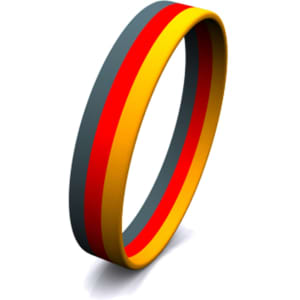 A silicone wristband featuring grey, red, and yellow stripes, showcasing a smooth, flexible design.