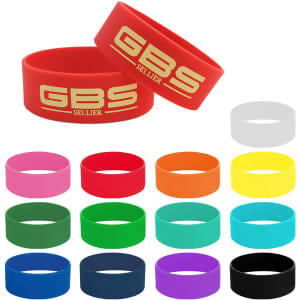A collection of silicone wristbands in various colours, including red, pink, green, blue, and orange, with one featuring a logo.