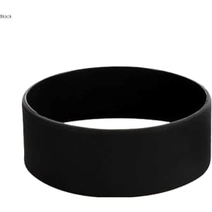 A large black silicone wristband featuring a simple design and a logo.