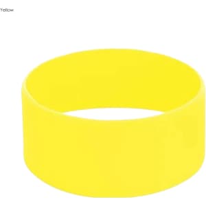 A yellow silicone wristband with a smooth surface and a simple design, featuring a logo.