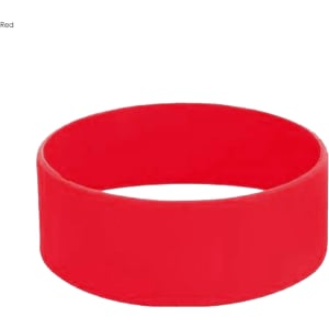 A large red silicone wristband with a smooth texture and a circular design. Features a logo.
