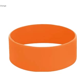 An orange silicone wristband in a smooth, circular design. It features a logo branding.