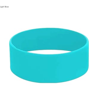 Light blue silicone wristband with a smooth finish and a logo. Designed in a large size for various events.