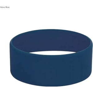 A navy blue silicone wristband with a smooth finish and a circular design. It features a branding logo.