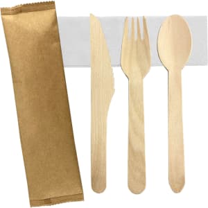 A wooden cutlery set featuring a knife, fork, and spoon, along with a wrapped utensil holder. The colour is a warm wood tone.