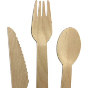 A wooden cutlery set featuring a knife, fork, and spoon, all in a natural wood tone.