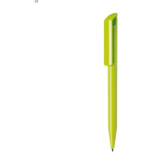 A plastic pen in bright lime green with a streamlined design and a logo on the clip.