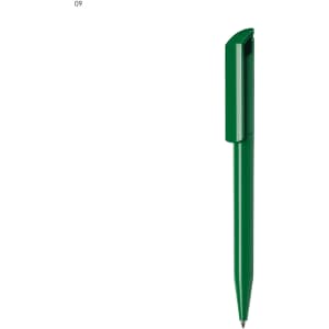 A green plastic pen with a sleek design and a pointed tip. It features a clip on the upper section.
