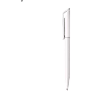 A white plastic pen with a sleek design and a clip, featuring a branding logo.