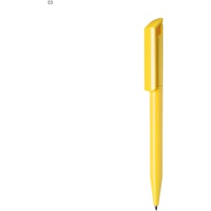 A plastic pen in vibrant yellow with a cap and a fine point for writing. It features a logo on the side.
