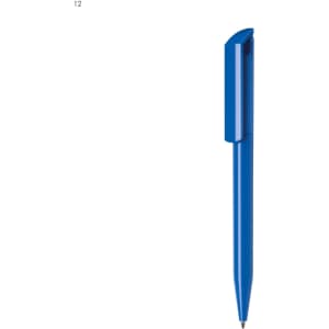 A blue plastic pen with a sleek design and a clip on the top, featuring a logo.