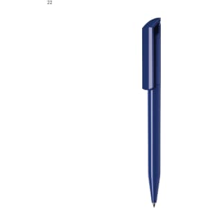 A navy blue plastic pen with a sleek design and a clip, featuring a logo on the upper part.