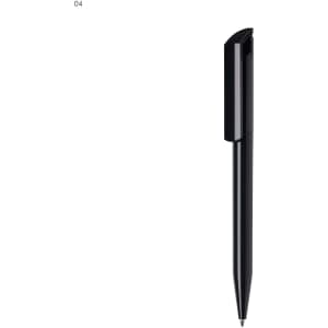 A black plastic pen with a sleek design and a clip on top, featuring a branding logo.