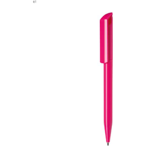 A pink plastic pen with a sleek design and a clip at the top, featuring a logo.