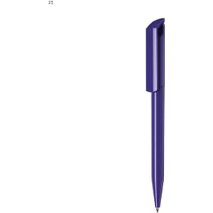 A purple plastic pen with a sleek design and a clip for attachment. It features a branding logo.
