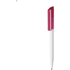 A plastic pen with a white body and a transparent pink cap. It features a logo on the side.