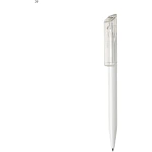A white plastic pen with a clear cap and a branding logo, featuring a simple and sleek design.