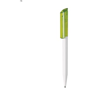 A plastic pen featuring a white body and a bright green cap. The pen includes a logo on the cap.