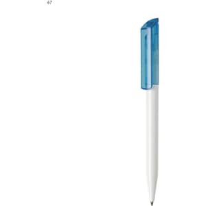 A plastic pen with a white body and a translucent blue cap, featuring a logo.