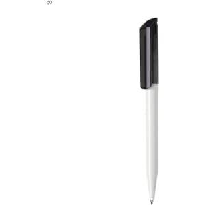 A plastic pen in white with a black clip, featuring a branding logo.